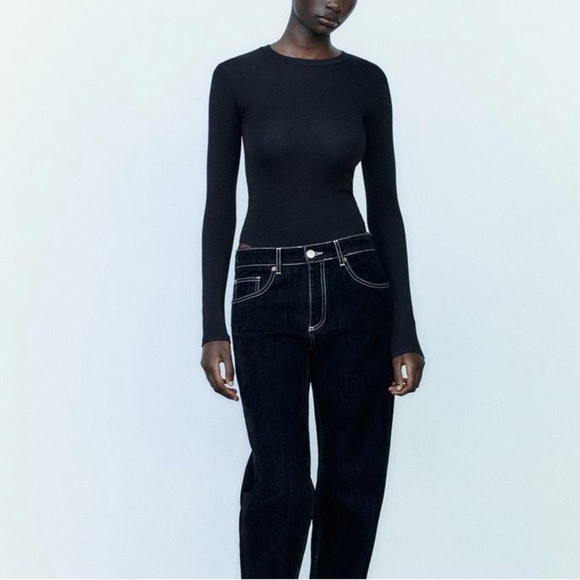 Zara Black Long Sleeve Bodysuit Ribbed Knit Double Snap Sz Medium - Picture 6 of 9
